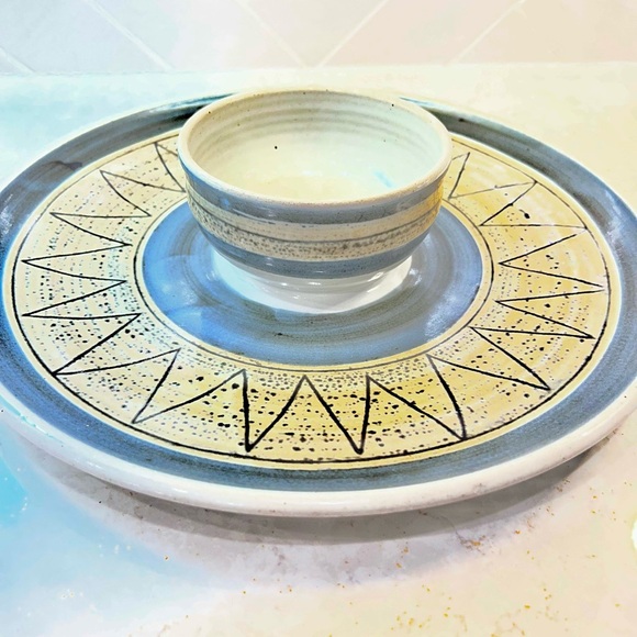 Hage Studio Pottery Other - Hage Studio Signed Stoneware Pottery MCM Chip Attached Dip Platter Geometric